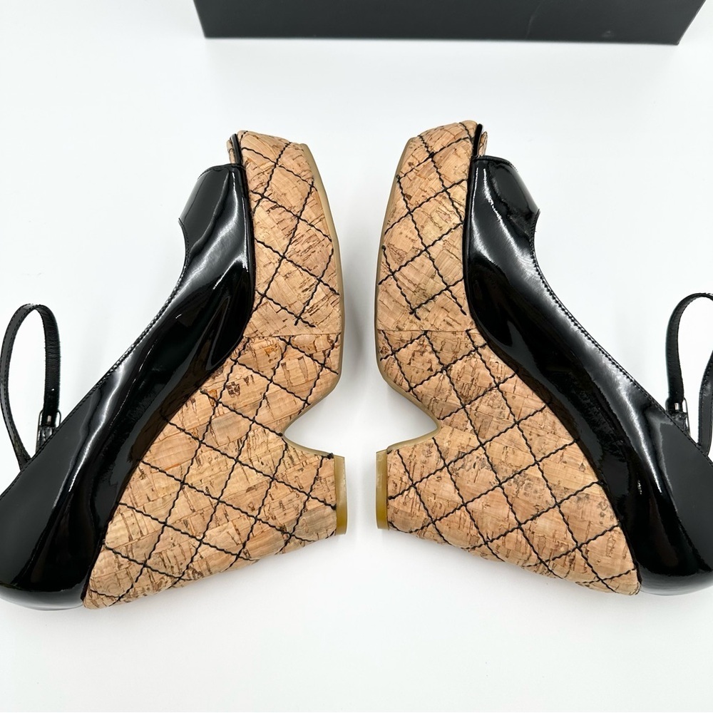 Chanel Black Patent Leather Quilted Cork Platform Peep Toe Heels - Picture 6 of 12